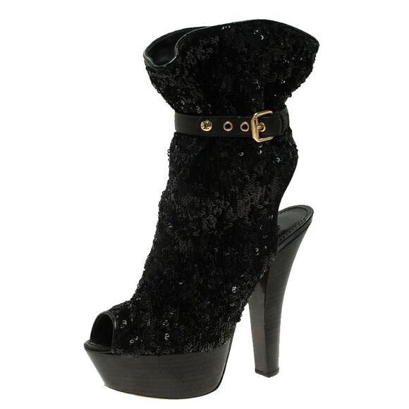Louis Vuitton Black Sequins and Leather Peep Toe Platform Ankle Boots Size 37 - Picture 1 of 4
